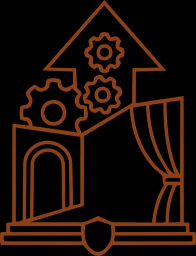 Ícone de projetos culturais: palco com engrenagens e seta de crescimento